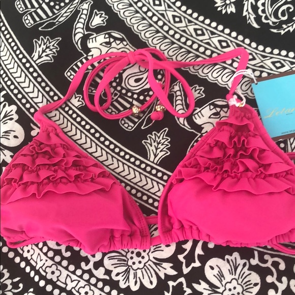 LETARTE HOT PINK RUFFLED BIKINI WITH GOLD BEADS - Picture 2 of 8